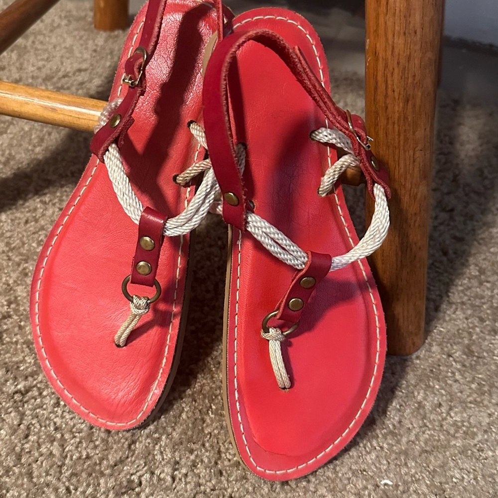 Elegant Red Leather Sandals with Braided and Rope Accents